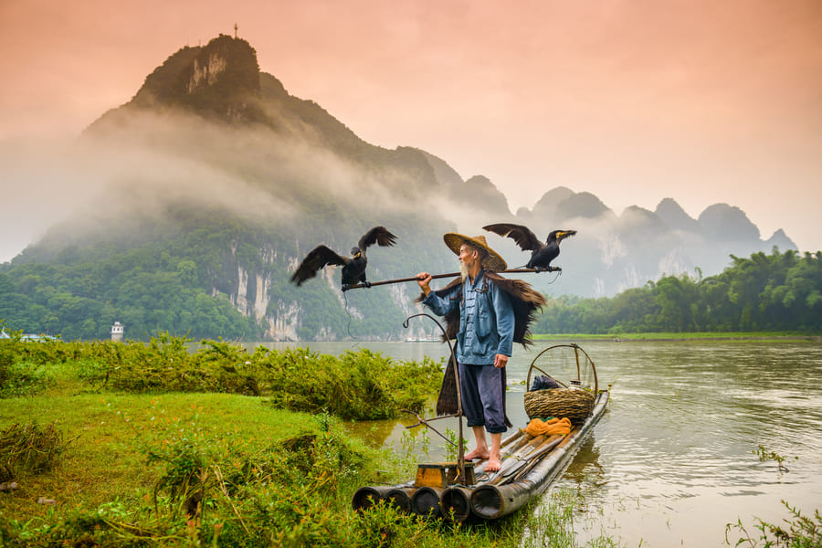 pescador de cormoran en el rio de la ciudad yangshuo