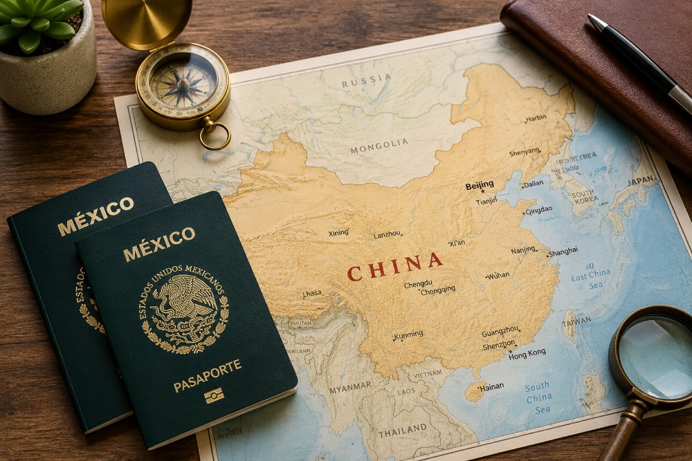 pasaportes mexicanos y un mapa de china